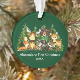 Ornamento Bebê Primeiro Natal Floresta Animais Arco Verde