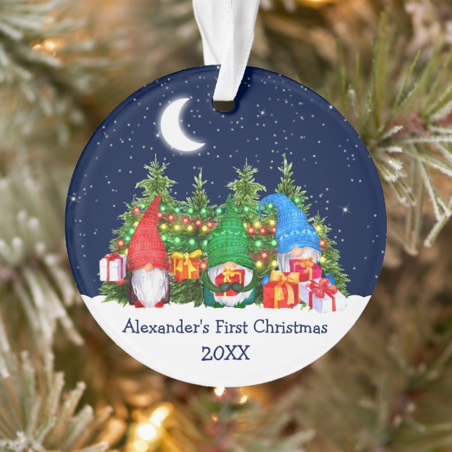 Ornamento Bebê Primeiro Natal Gnomos de Aquarela Luz Céu (Árvore)