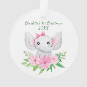 Ornamento Bebês 1º Natal Elefante Rosa Floral Verde 