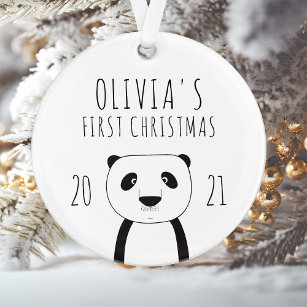Ornamento Bebês de Panda Bonitos Primeiro Natal Preto Branco