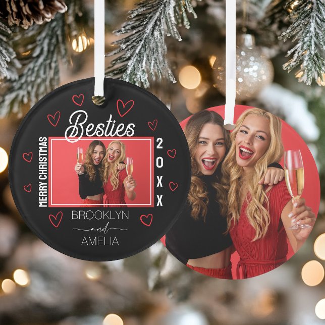Ornamento Black and Red Hearts Photo Besties Christmas (Black and Red Hearts Photo Besties Christmas Ornament)