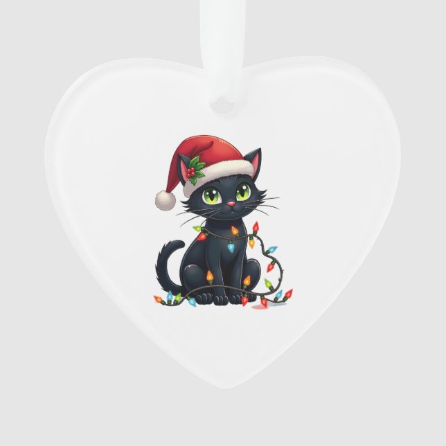 Ornamento Black Cat Christmas Lights Santa Hat Funny Xmas Ca (Frente)