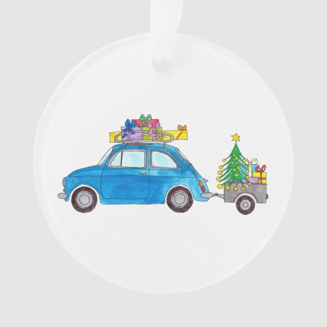 Ornamento Blue Fiat 500 com dobras de Natal Aquarela (Frente)