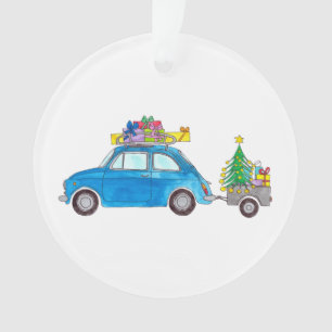 Ornamento Blue Fiat 500 com dons de Natal Aquarela