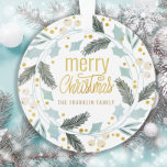 Ornamento Blue Tan Winter Greenery Merry Christmas Name<br><div class="desc">Bonito verde de inverno azul e amarelo verde de Natal ornamentação acrílica com texto em uma letra de guião engraçada,  "Feliz Natal". Personalizado com seu nome ou nome de família.</div>