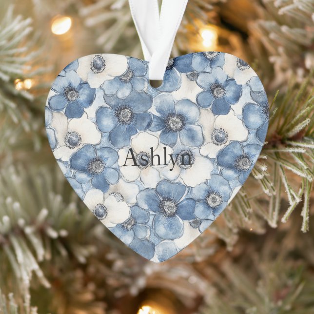 Ornamento Blue White Denim Heart Stripes Flores (Árvore)