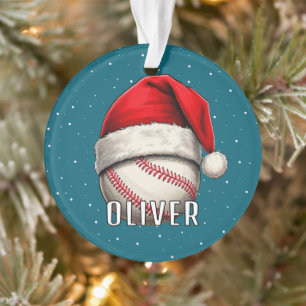Ornamento Bola de Beisebol com Chapéu de Papai Noel Flocos d