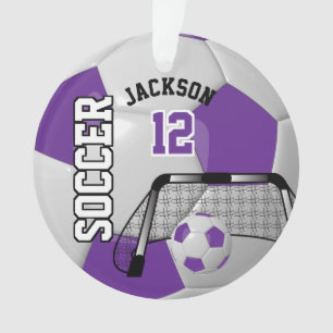 Ornamento Bola de Futebol Personalizada em Púrpura e Branco