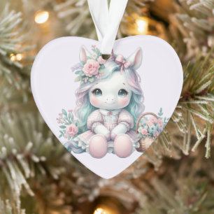 Ornamento Boneca Pastel Kawaii Unicórnio com Cesto de Flores