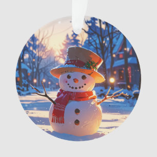 Ornamento Boneco de Neve ao Crepúsculo na Rua Festiva