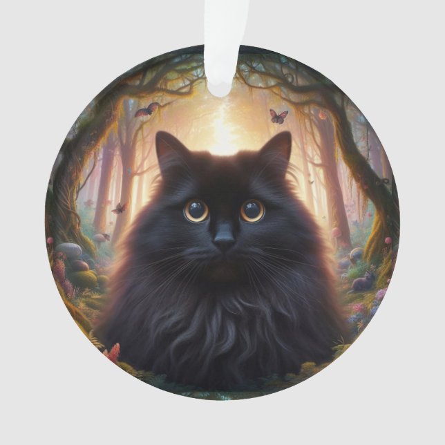 Ornamento Bonito gato preto fluffy com olhos Dourados (Frente)