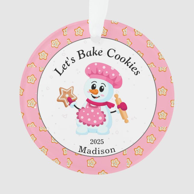 Ornamento Bonito Rosa Snowman Cookie Baker Nome de Natal (Frente)