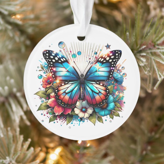 Ornamento Borboleta Azul e Flores Personalizadas no Natal (Árvore)