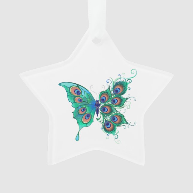 Ornamento Borboleta com Penas de Pavão Verde (Frente)
