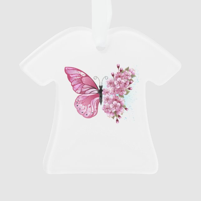 Ornamento Borboleta Flor com Sakura Rosa (Frente)