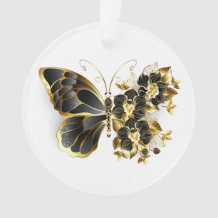Ornamento Borboleta Flor de Ouro com Orquídea Preta