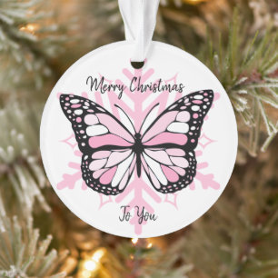 Ornamento Borboleta rosa no Natal de um floco de neve