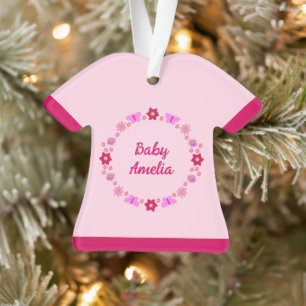 Ornamento Borboletas e flores de bebê cor-de-rosa personaliz