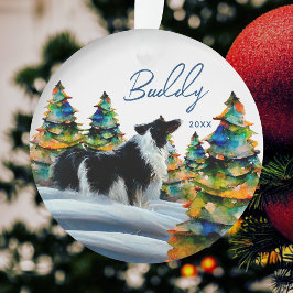 Ornamento Border Collie na Floresta de Neve de Inverno Árvor