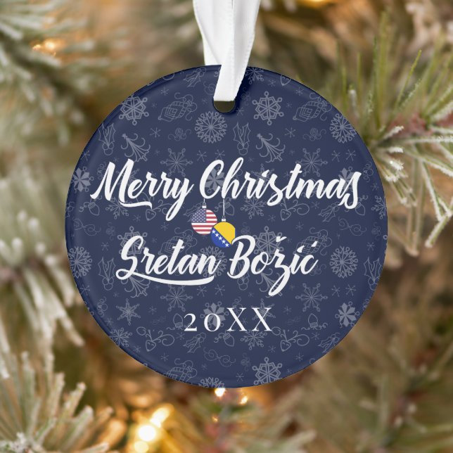 Ornamento Bósnio Americano Com Ano Personalizado Bilíngue (Árvore)