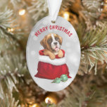 Ornamento Boxer Dog Surprise Ornament<br><div class="desc">Um adorável cachorrinho de cachorro boxer pop de um saco de presente vermelho na frente deste Enfeites de natal. Algumas bolbos de árvore de Natal, com padrão de ouro e lacrimejo, estão bem na frente do saco de Papais noeis. O texto acima da imagem diz "MERRY CHRISTMAS" em vermelho. A...</div>