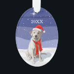 Ornamento Branca de Neve Labrador Retriever Santa Hat e Scar<br><div class="desc">Um Labrador branco,  um Cão de Natal de Retriever,  vestindo Papais noeis,  boné e cachecol.</div>