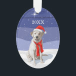 Ornamento Branca de Neve Labrador Retriever Santa Hat e Scar<br><div class="desc">Um Labrador branco,  um Cão de Natal de Retriever,  vestindo Papais noeis,  boné e cachecol.</div>
