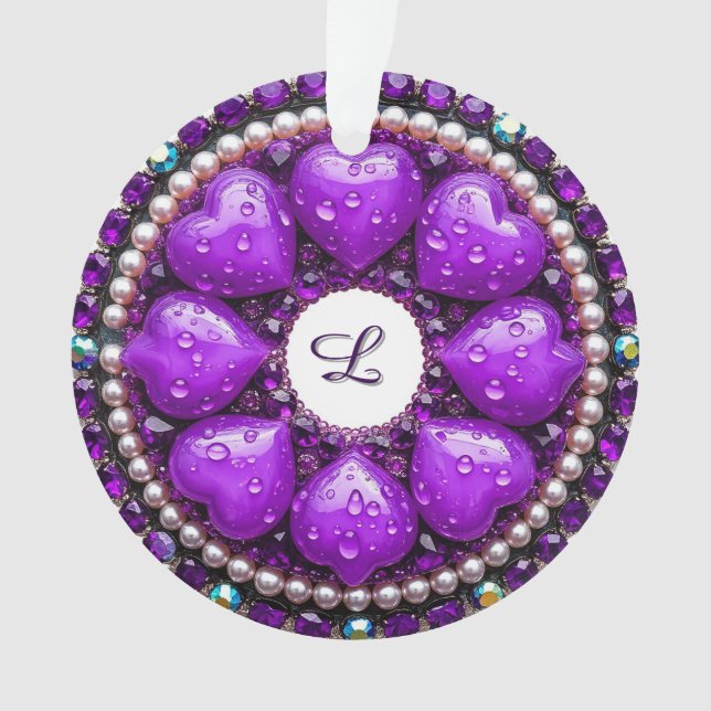 Ornamento Broche de Joia Roxa Circular com Coração (Frente)