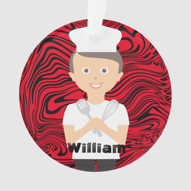 Ornamento Brunette boy chef cozinhar assando personalizado (Frente)