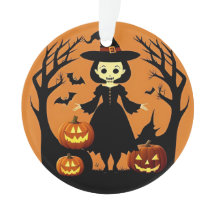 Bruxa de Halloween com Pumpkins em Spooky Setting