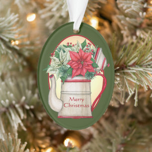 Ornamento Bule de chá antigo com Natal de poinsettias 