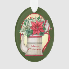 Ornamento Bule de chá antigo com Natal de poinsettias 