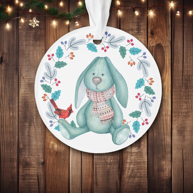 Ornamento Bunny com Red Bird Wreath Natal (Criador carregado)