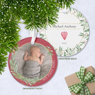 Ornamento Burgundy First Noel Christmas Greenery Baby Photo