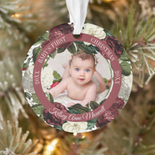 Ornamento Burgundy Floral Wreath Bebês Primeira Foto de Nat