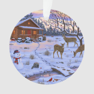 Ornamento Cabana de Inverno Veado Na Neve Cena de Natal