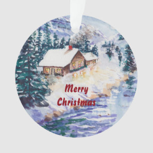 Ornamento Cabine do inverno no rio Snowscape Painterly