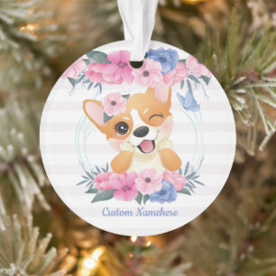 Ornamento Cachorro Corgi Fofo Coroa de Flores Borboleta Azul
