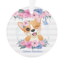 Cachorro Corgi Fofo Coroa de Flores Borboleta Azul