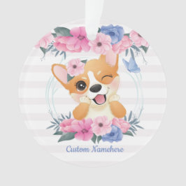 Ornamento Cachorro Corgi Fofo Coroa de Flores Borboleta Azul