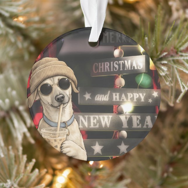 Ornamento Cachorro engraçado de Natal bebendo chá de bolhas (Árvore)