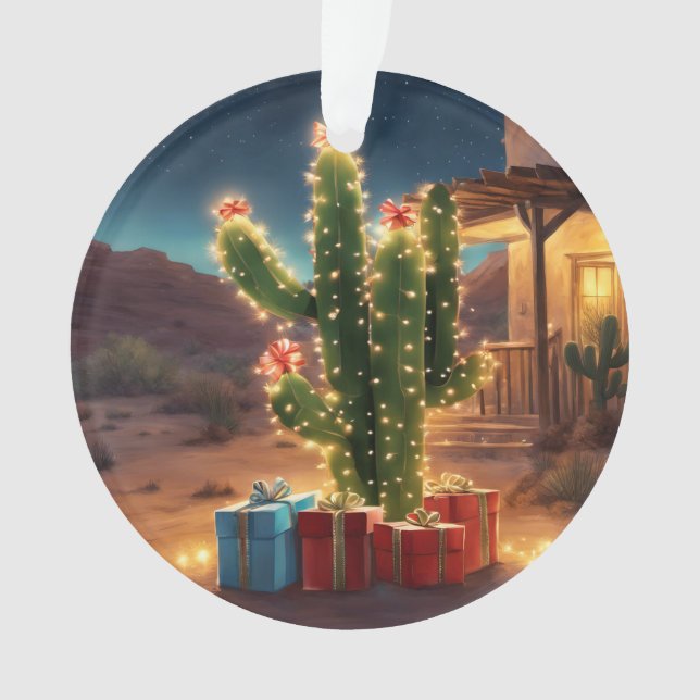 Ornamento Cactus De Natal Com Presentes Em Frente A Uma Casa (Frente)