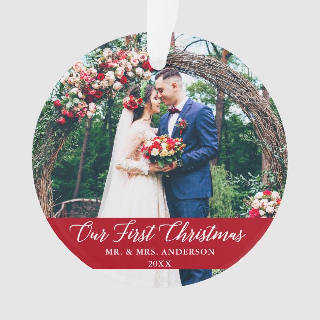 Ornamento Caligrafia Elegante Nossa Primeira Foto De Natal V (Frente)