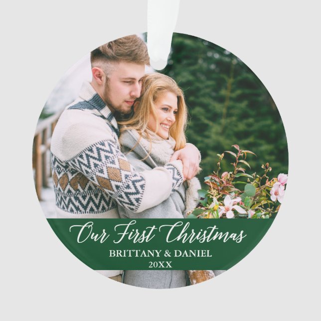 Ornamento Caligrafia Nosso Primeiro Casal De Natal Verde (Frente)