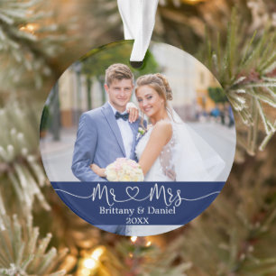 Ornamento Calliografia Heart Mr e Sra. Wedding Photo Blue