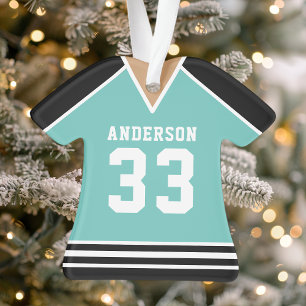 Ornamento Camisa de Hockey Azul Turquesa e Preta Personaliza