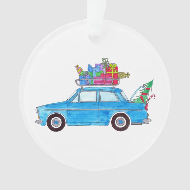Ornamento Carro Azul com Presente de Natal Aquarela (Frente)