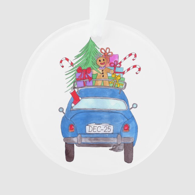 Ornamento Carro Azul com Presente de Natal Aquarela (Frente)