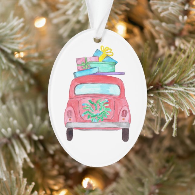 Ornamento Carro Vermelho com Dobras de Natal Aquarela (Árvore)