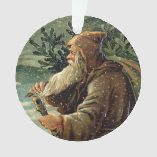 Ornamento =Cartão de Natal Antigo, Papai Noel e Árvore